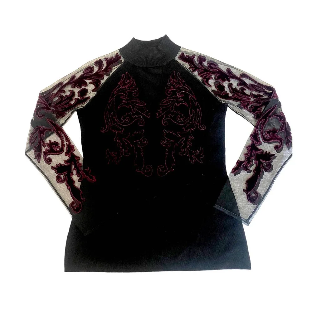 INC Flocked Velvet Illusion Black & Wine Choker Mesh Sweater Top Medium - Picture 4 of 11